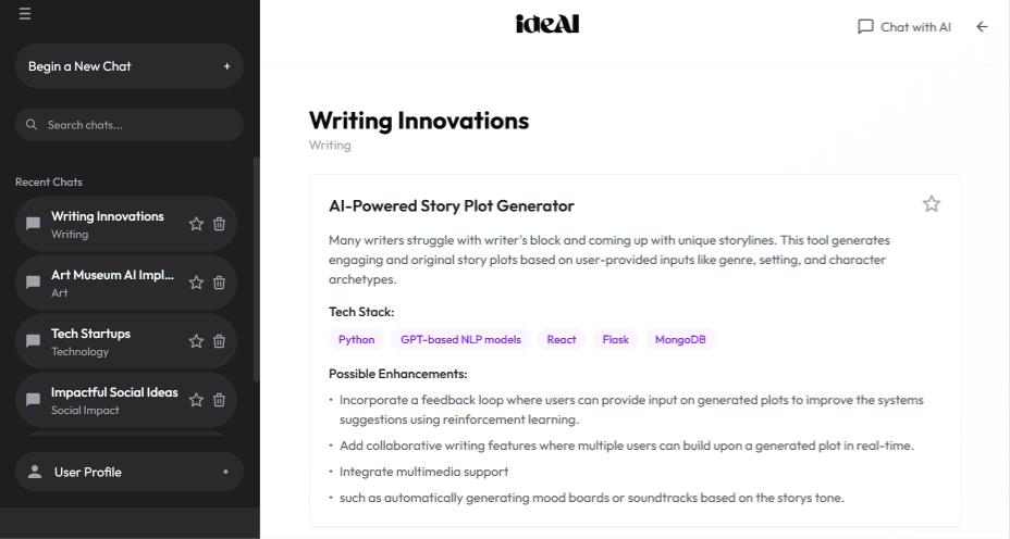 AI-powered ideation interface showing structured project ideas